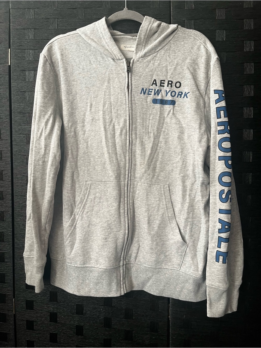 Women’s Gray Aeropostale zip-up hoodie with blue text AERO NEW YORK' Size Medium